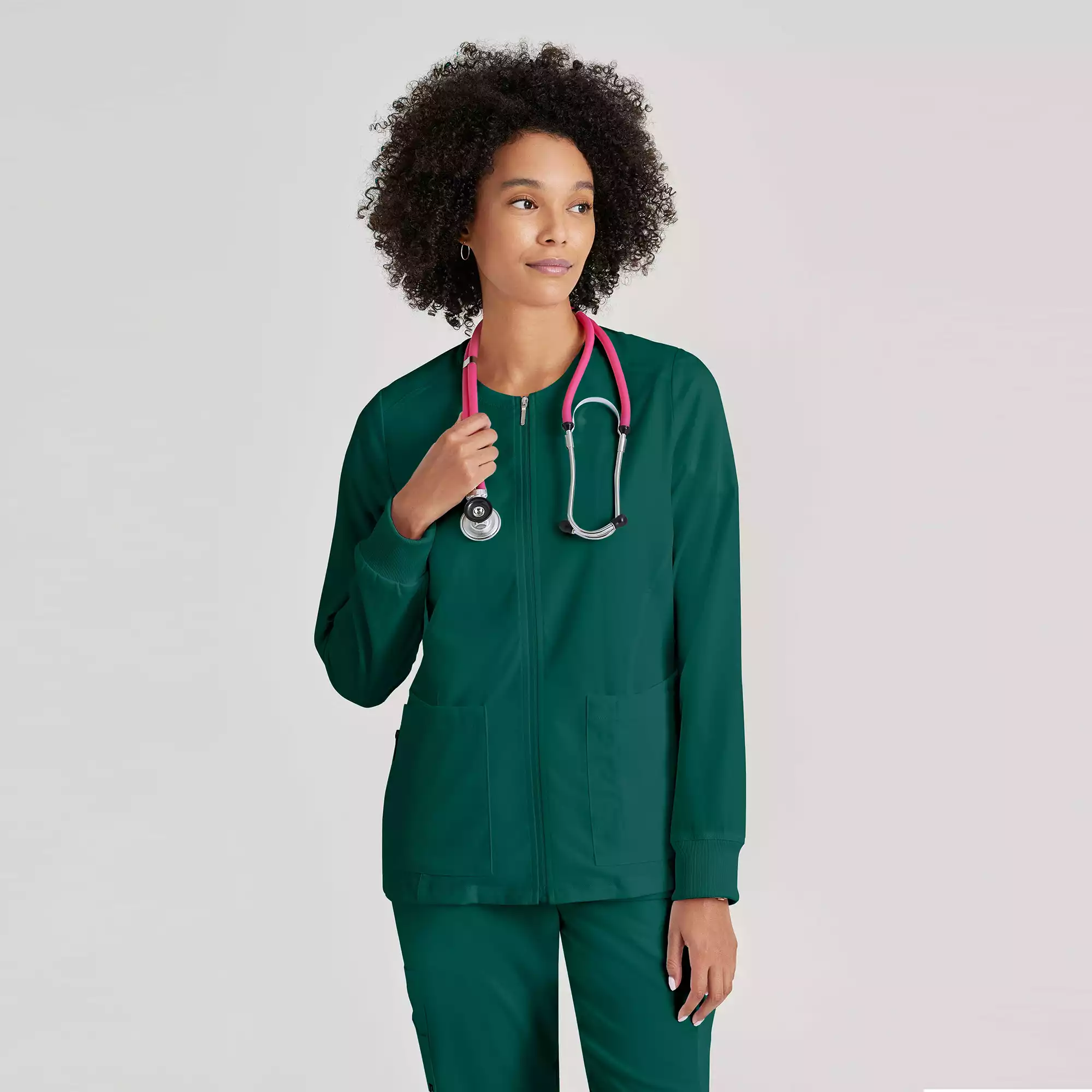 Womens-Antimicrobial-Warm-Up-Scrub-Jacket-GRSW873-Hunter-Green-01.webp
