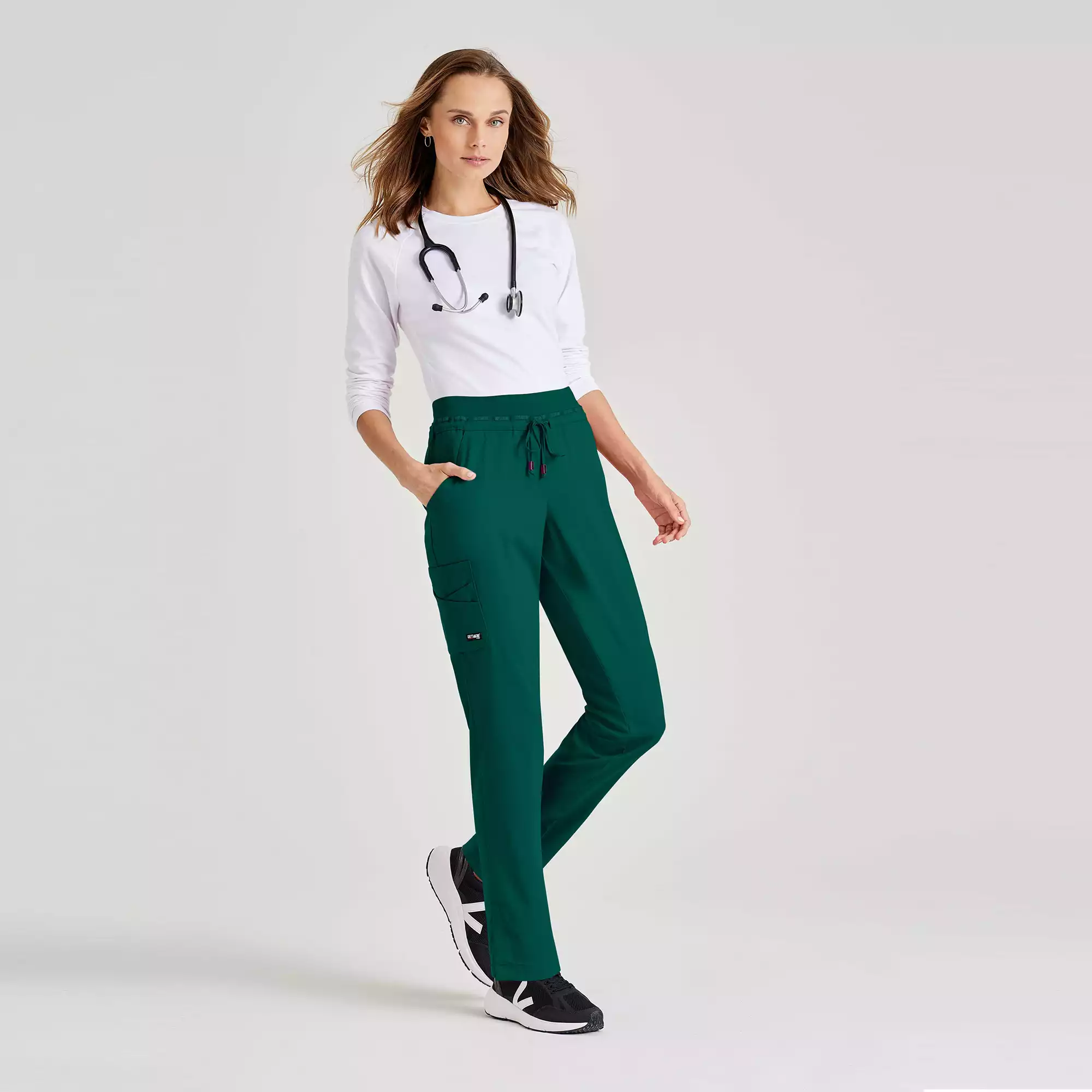 Womens-Double-Cargo-Tapered-Scrub-Pants-with-Elastic-Waistband-GRSP526-Hunter-Green-02.webp